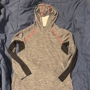 Gray and Black Hooded Sweatshirt with Red Accents